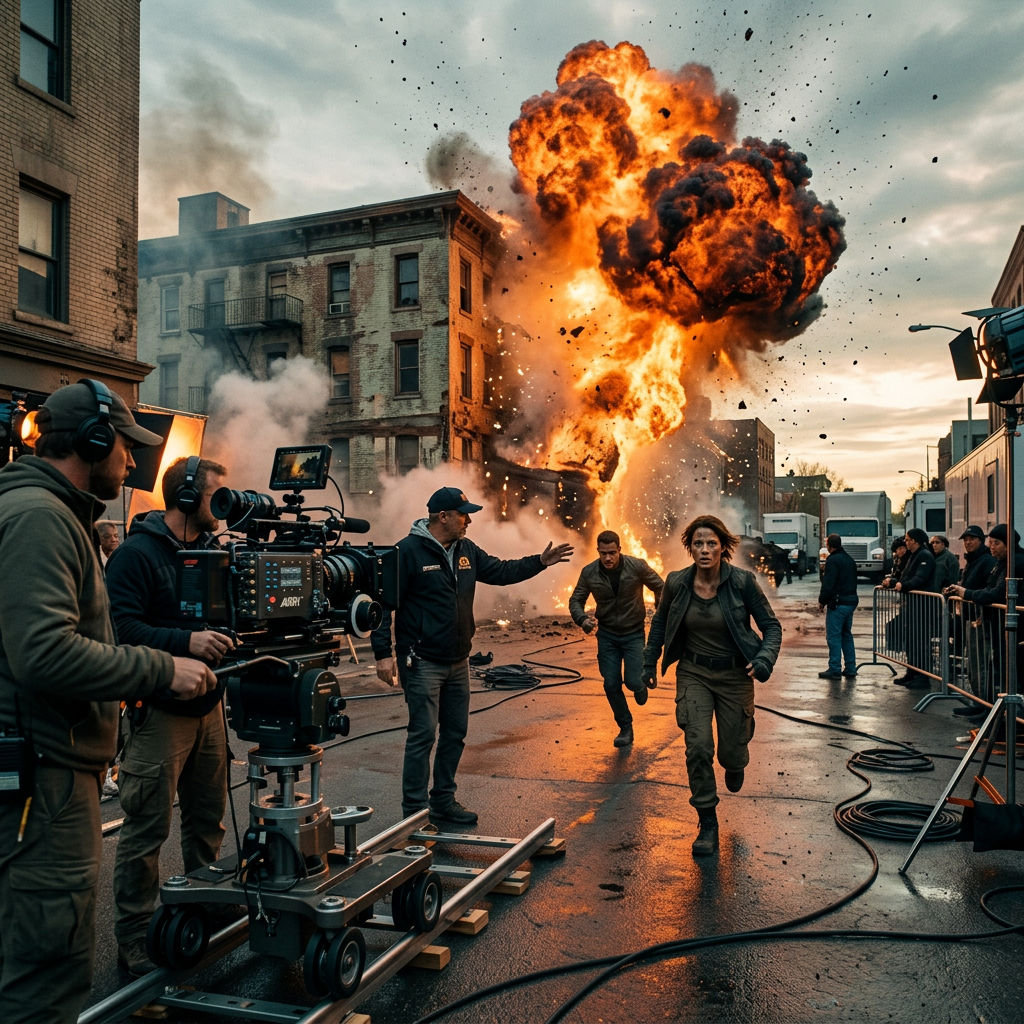 Film crew shooting actors running away from a large explosion on a city street set